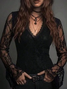 Vintage Western Style Black Lace V-Neck Front Button Long Sleeve Blouse, Elegant Vacation / Party Outfit Shirt - Black - View 1