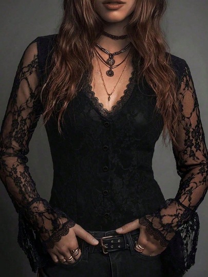 Vintage Western Style Black Lace V-Neck Front Button Long Sleeve Blouse, Elegant Vacation / Party Outfit Shirt