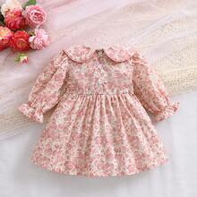 1pc Girls Petal Collar All-Over Floral Print Elegant Dress, Young Lady Style For Toddlers, Spring/Autumn Occasion Wear & Birthday Party - Pink - View 2