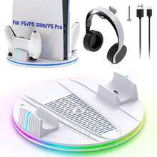 Vertical Stand For P5/P5 Slim/P5 Pro Disc And Digital Editions, Dual Controller Fast Charging Station With 9 RGB Lighting Modes, LED Charging Indicator And Headset Holder, White - White - View 8
