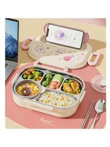 304 Stainless Steel Divided Lunch Box, Cute Capybara Design, 3 Compartments Large Capacity Leak-Proof, Microwave/Dishwasher , Suitable For School, Work, Office, Picnic, Camping, College Dorm, Back To School Essential, Japanese Cute Style - Multicolor - View 7