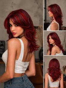 Women's Burgundy Long Layered Wavy Wig With Red Highlights, Wolf Cut Style Synthetic Fiber Hairpiece With Curtain Bangs, Heat-Resistant Face-Framing, Suitable For Daily Wear, Party And Cosplay - Red Highlight - View 5