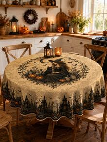 Halloween Tablecloth, Gothic Witch Tablecloth With Magic Cauldron, Witch Hat, Black Cat, Pumpkin, Bat, Moon And Haunted Castle Pattern, Vintage Autumn Dining Room Decor, Suitable For Kitchen, Party Gathering, Indoor And Outdoor Use - M - View 4
