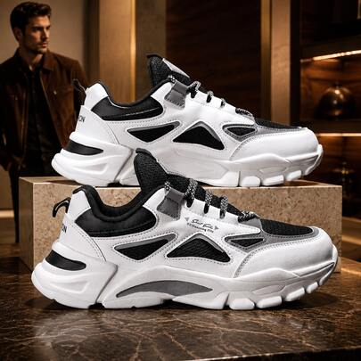 Unisex Colorblock Thick Sole Chunky Sneakers, Black White Grey Mesh Patchwork Design, Lace-Up Low-Top Casual Sports Shoes, Chunky Sole, Simple Style, Suitable For Daily Outings, Shopping, Walking, Outdoor Light Sports, Multi-Size Available, All-Season Versatile Commuter Casual Shoes
