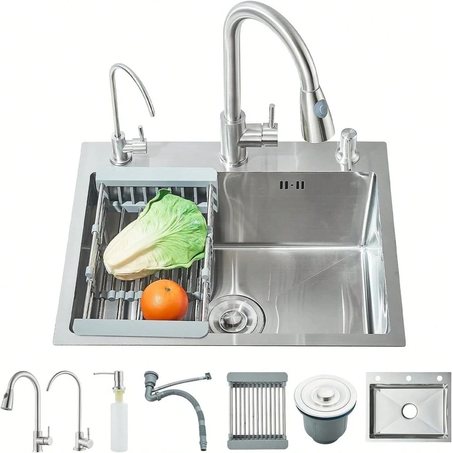 LY Fregadero de cocina Fregadero de cocina moderno Con grifo de tres funciones, grifo de agua filtrada y dispensador de jabón para satisfacer todas las necesidades del hogar. Un fregadero esencial para las cocinas contemporáneas, (55 cm * 45 cm * 21 cm) - Níquel cepillado - Ver 1