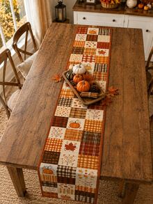 1pc-Autumn Table Runner 72 Inch, Pumpkin Maple Leaf Patchwork Table Runner With Rustic Plaid Pattern, Thanksgiving Linen Look Table Decor, Farmhouse Fall Dining Table Decoration, Cozy Harvest Home Party Centerpiece - Multicolor - View 5