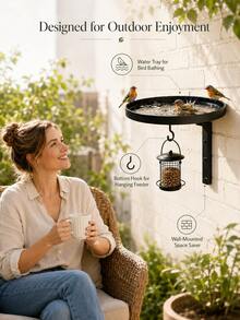 Black Metal Wall-Mounted Bird Bath And Feeder Combo, Outdoor Hanging Bird Water Dish With Hook, Suitable For Garden And Yard - A - View 7