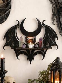 1pc Bohemian Style Bat Wing Shaped Wall Shelf, Crescent Design, Gothic Decor Wall Shelf, Suitable For Home Decor, Witch Theme Crystal Candle Display Rack, Handmade Black Metal And Wooden Wall Decor, Mixed Style Home Decor For Bedroom, Living Room And More - Multicolor - View 3