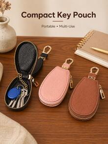 Compact Genuine Leather Key Pouch With Zipper And Hook, Durable And Stylish Leather Car Key Ring Protective Case, 360° Full Protection, With Safety Chain To Prevent Keys From Scratching Phone - Multicolor - View 1