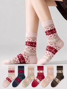 ZUJO 5 Pairs Women's Mid-Calf Socks, Fair Isle And Christmas Pattern, Daily Wear, Simple And Comfortable, Couple Matching Socks, Random Color - Multicolor - View 6