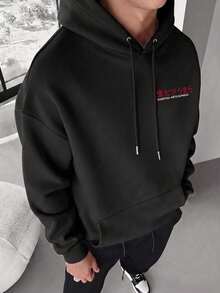 Men's Japanese Anime Print Drawstring Hoodie Sweatshirt, Autumn/Winter - Black - View 3