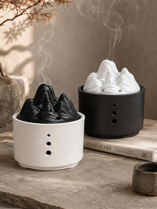 1pc Wabi‑Sabi Mountain Shape Incense Burner, Retro Black White Incense Holder, Aromatherapy Censer For Home Tea Room Desktop Decor, Meditation Yoga Table Ornament Gift