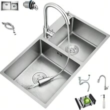 LY Fregadero de cocina Un fregadero de cocina contemporáneo con grifo mezclador de tres funciones y dispensador de jabón para satisfacer las diversas necesidades diarias. Este fregadero de cocina moderno y esencial combina a la perfección la funcionalidad práctica con un diseño elegante. (80 cm * 45 cm * 21 cm) - Níquel cepillado - Ver 3