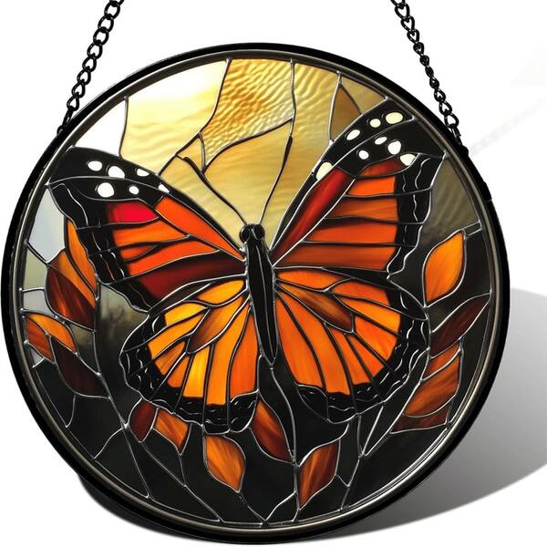 Glass Material-Stained Glass Panels V-DECORPARKS Monarch Butterfly Stained Glass Window Hanging, Sun Catcher Glass Panel Suncatcher Indoor Window Wall Art Home Decor Gift For Lovers Women Mother'S Day Christmas