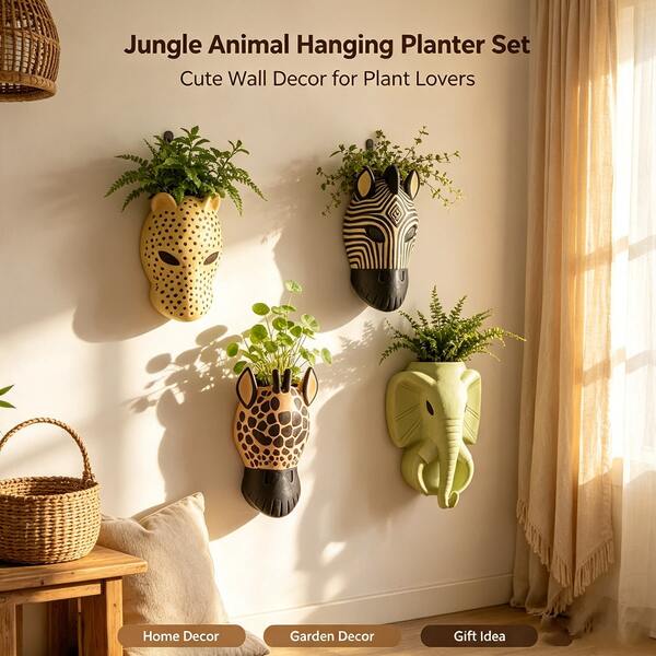 1pc Animal Head Wall Planter Set Of 4, Leopard Zebra Giraffe Elephant Shaped Hanging Wall Mount Planter, Creative Resin Wall Flower Pot For Indoor Outdoor Home Garden Decor, Unique Housewarming Gift
