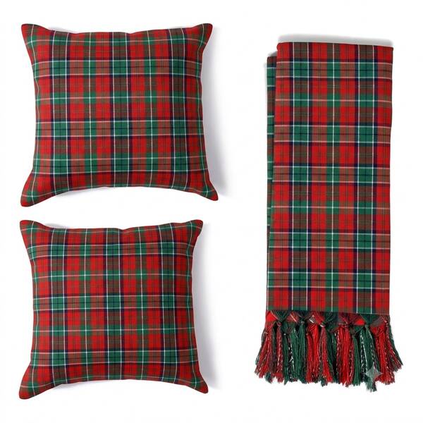 Kit Manta e Capa de Almofada para Sofá e Poltronas em Tecido Jacquard Fio Tinto Natalino Xadrez Tradicional