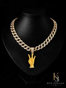 Victory Hand Gesture Rhinestone Pendant Cuban Necklace, Personalized Palm Charm, American Hip-Hop Street Style Gold/Silver Color Couple Matching Accessory - Gesture Pendant Necklace - View 16