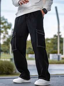 Men's Loose Fashion Sports Long Pants, Featuring Minimalist Solid Color Wide Leg Design, Drawstring Waist, Large Pockets, Suitable For Daily Walking, Work, Travel And Other Occasions. Made Of 100% Polyester Fiber, This Thin Wide Leg Casual Pants Is Suitable For All Season Wear. - Black - View 4