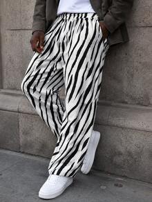 Men's Elastic Waist Zebra Print Casual Pants, Loose Lazy Wide Leg Long Trousers For Spring, Autumn And Summer - Black - View 3
