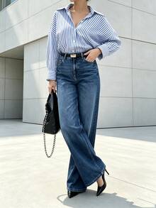 Women's Casual Elegant Washed Straight Leg Jeans, Wide Leg Long, Slightly Stretchy, Suitable For Travel, Commuting, Daily Wear And Autumn/Winter Outfits - Medium Wash - View 4