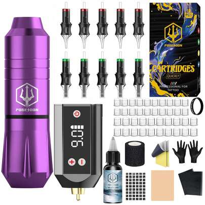 POSEIDON Tattoo Kit Complete Tattoo Pen Set 1200mAh Battery Wireless Tattoo Gun Kit Tattoo Machine Set With 10 Cartridge Needles And Other Tattoo Supplies Suitable For Beginners And Artists