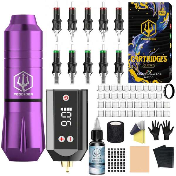 POSEIDON Tattoo Kit Complete Tattoo Pen Set 1200mAh Battery Wireless Tattoo Gun Kit Tattoo Machine Set With 10 Cartridge Needles And Other Tattoo Supplies Suitable For Beginners And Artists