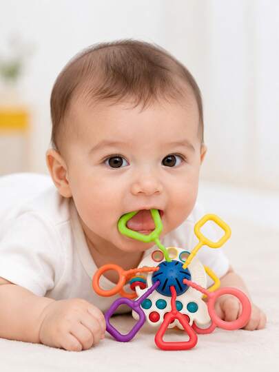 Juguete de tracción de silicona Montessori para bebés, juguete sensorial de 6 en 1 con cuerda, juguete de dentición para bebés, juguetes para asiento de coche y cochecito, juguetes de empujar y tirar para bebés, juguete para recién nacidos