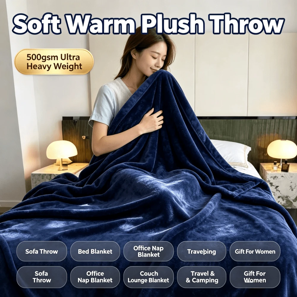 Selimut Bulu Domba Ultra Lembut Dua Sisi 500GSM, Selimut Lembut Mikrofiber Hangat Ringan Bernapas Nyaman Anti-Statis, Cocok untuk Semua Musim, Hadiah Unisex - Navy Blue - View 1