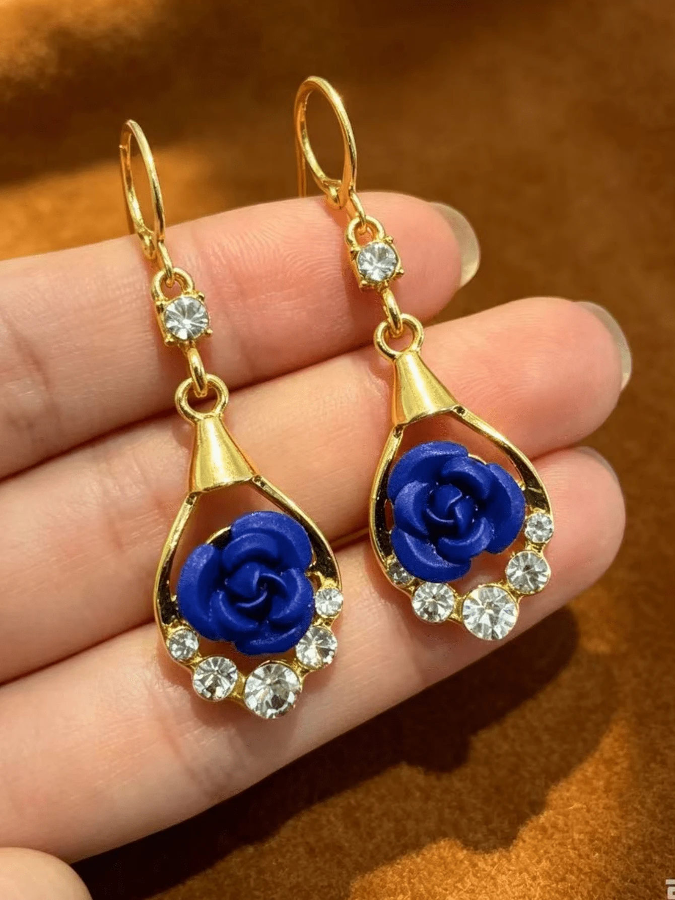 1 Pair Blue Rose Rhinestone Earrings, Fashionable Luxury Elegant Earrings, Versatile Delicate Niche Earrings