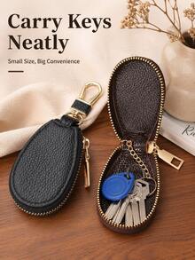 Compact Genuine Leather Key Pouch With Zipper And Hook, Durable And Stylish Leather Car Key Ring Protective Case, 360° Full Protection, With Safety Chain To Prevent Keys From Scratching Phone - Multicolor - View 6