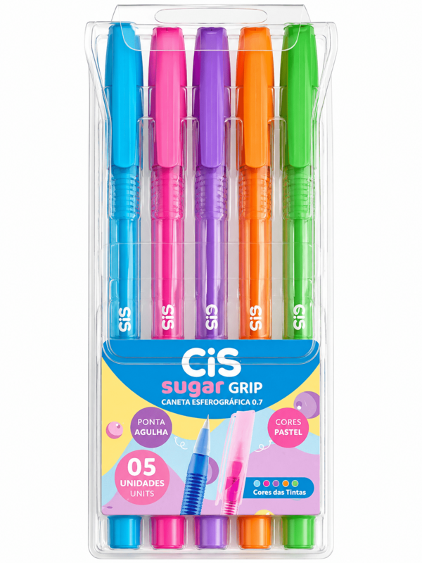 Caneta Esferigrafica Cis Sugar Cap 1.0mm Corpo e Escrita em Tons Pastel Blister com 5