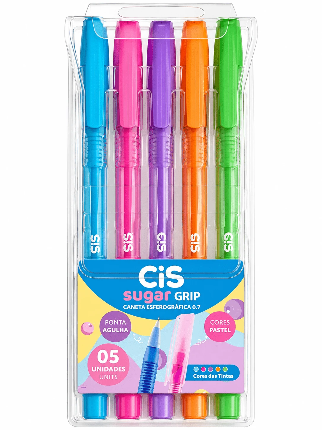 Caneta Esferigrafica Cis Sugar Cap 1.0mm Corpo e Escrita em Tons Pastel Blister com 5 - Multicolorido - Visão 1