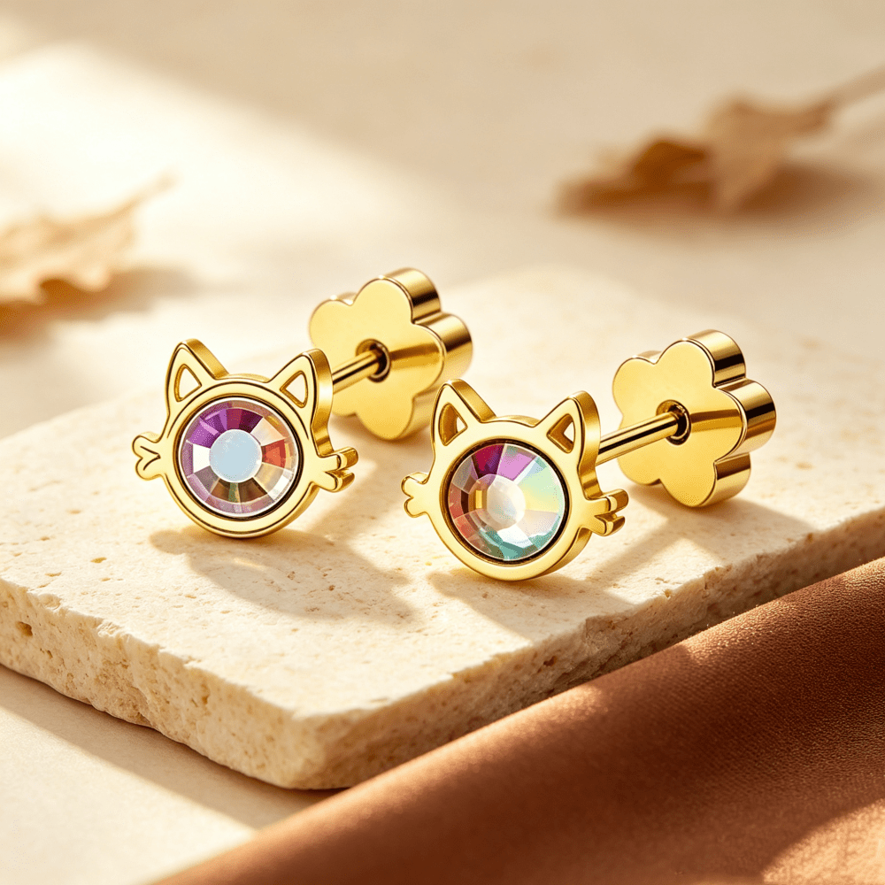 1 Pair Cute Cat‑Shape Screw‑Back Piercing Stud Earrings, Delicate Ear Ornament, Fashion Accessory For Daily Wear, Dating And Holiday Present