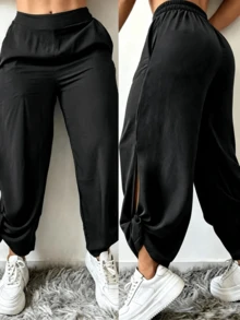 Women's Loose Wide Leg Pants With Side Slit And Cuffed Hem, 9/10 Length, Slimming And Height-Enhancing Black Casual Versatile Long Pants, Autumn/Winter Fashion Design - Black - View 2
