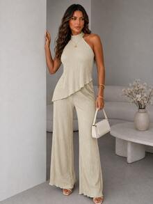 ChicMe Womens Textured 2 Piece Outfits Halter Neck Backless Sleeveless Asymmetric Top With High Waist Wide Leg Pants Set Sexy Date Party Cocktail Outfits - Apricot - View 4