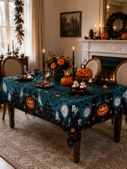 1 Piece Of Dark Blue Ghost Pumpkin Castle Printed Tablecloth, Retro Halloween Style Polyester Square Wave Table Decoration Cloth, Suitable For Halloween Parties And Home Decoration, Kitchen Supplies