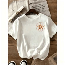 1 Pcs Casual 100% Cotton Women Short Sleeve Crew Neck T-Shirt, Soft Breathable Retro Argentina Sun Emblem Dual Side Graphic - White 1 - View 3