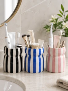 1pc Striped Multi-Function Storage Cup, Large Capacity Toothbrush, Toothpaste, Makeup Brush And Cosmetic Organizer, Suitable For Bathroom Vanity, Dressing Table And Desktop Storage - 1PC - View 7