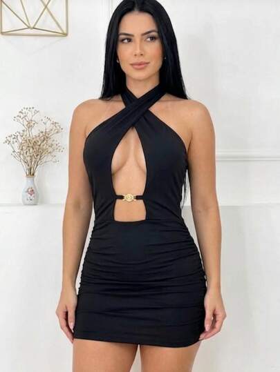 Vestido Curto Feminino Elegante Decote Profundo Drapeado Frente Única Casual Para Festa Baladas