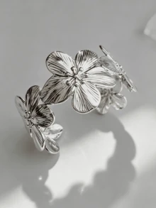 1 Stück 18k vergoldetes Gold & Silber Edelstahl großes Blumen- & Staubblatt-Splice-Offen-Armband, elegantes modisches Statement-Stück, Herbst-/Winter-Vibe, übertriebener Stil, geeignet für Frauen, soziale Anlässe, Geschenke, Partys und tägliches Tragen - Mit Blumen besticktes Staubblatt-Armband - Übersicht 6