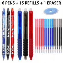 Erasable Gel Pen Set, 6 Retractable Pens (Black, Blue, Red) With 15 Replacement Refills And 1 Blue Eraser, Smooth Writing Clickable Pens With Replaceable Refills, Suitable For School, Office, Home Study, Journaling And Planning - Multicolor - View 13