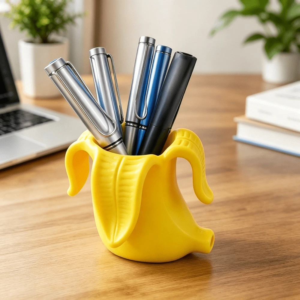 1pc Creative Banana Shaped Pen Holder, Cute & Quirky Desktop Organizer, Suitable For Children's Office Supplies, Student Stationery Pen Holder - A - View 1