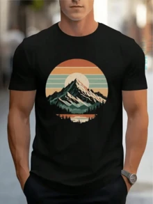 Vintage Hill Pattern Printed Men's T-Shirt Casual Short Sleeve Top 1 Piece 100% Heavyweight Pure - Comfortable Round Neck ,Ensemble Femme Sport - Black - View 5