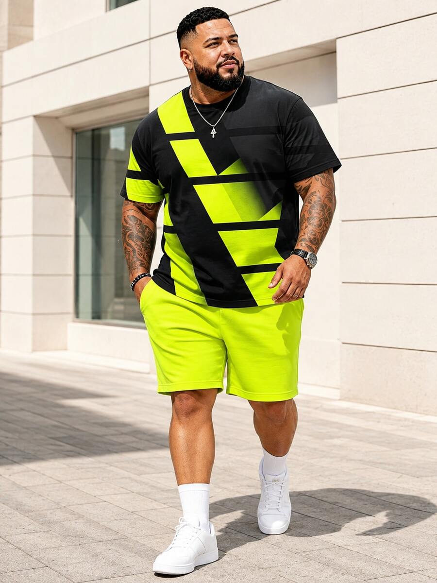 2pcs Big & Tall Neon Green Geometric Print Set | Contrast Color Block Streetwear Sports Outfit Summer - Green - View 1