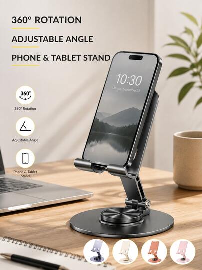 Metal Phone Stand Portable Phone Tablet Desktop Support Stand Tablet Holder Foldable 360 Degree Rotation, Adjustable Angle Support, Charger Compatible