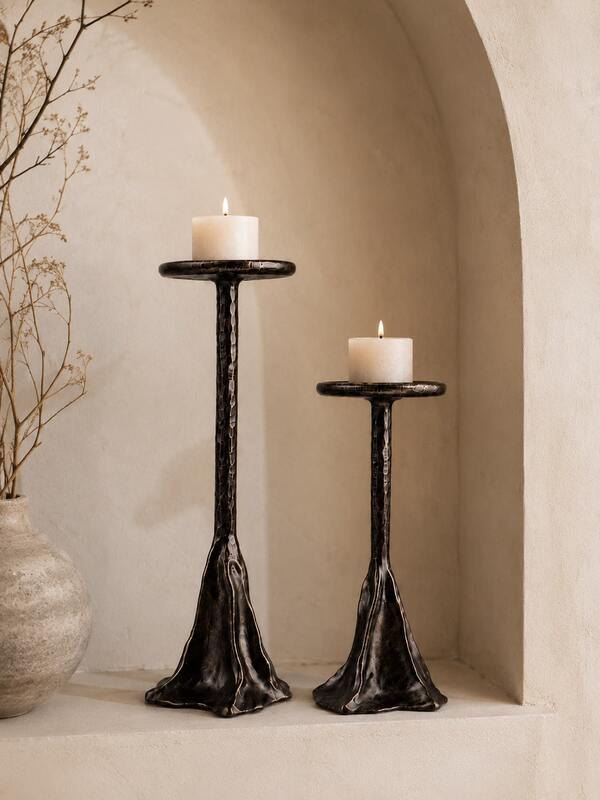 Textured Antique Bronze Candle Holders Set Of 2, Wrinkled Hammered Pillar Candlesticks, Vintage Wabi‑Sabi Table Decor For Dining Room Wedding Home Ornament Gift