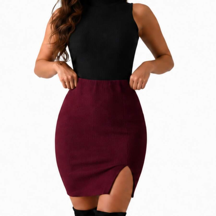Saia elegante Casual Malhado Dividido Férias Praia - bordô - Visão 1