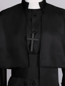 Solid Color Priest, Father Medieval Vintage Monk Robe Wizard Halloween Grim Reaper Costume With Cross Necklace And Belt - Black - View 3