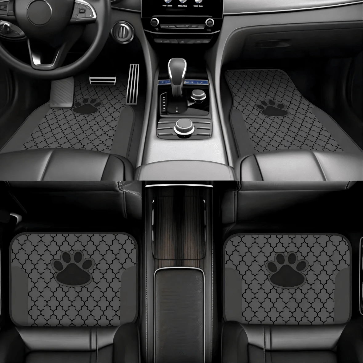 2pcs/4pcs Luxury Black Gray Paw Print Pattern Car Floor Mat Set, Absorbent And Non-Slip, Washable, Fashionable Car Interior Protection, Van, SUV, All Seasons, Neutral V Gift, Material - A - View 1