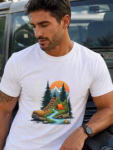 Camiseta de manga corta para hombre con estampado gráfico, cuello redondo, top casual perfecto para salidas, adecuada para el uso diario en otoño, entrega local. - Blanco - Ver 2
